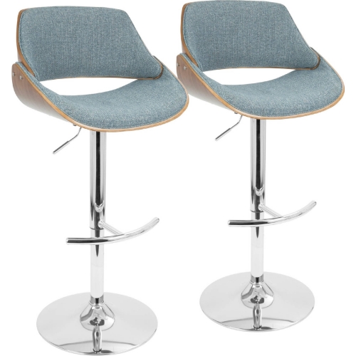 Fabrizzi Adj Swivel Bar Stool in Chrome, Walnut & Blue Fabric (Set of 2)